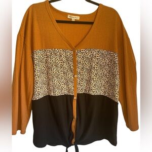 Above and Beyond Mustard Colorblock Button-Up with Leopard Panel